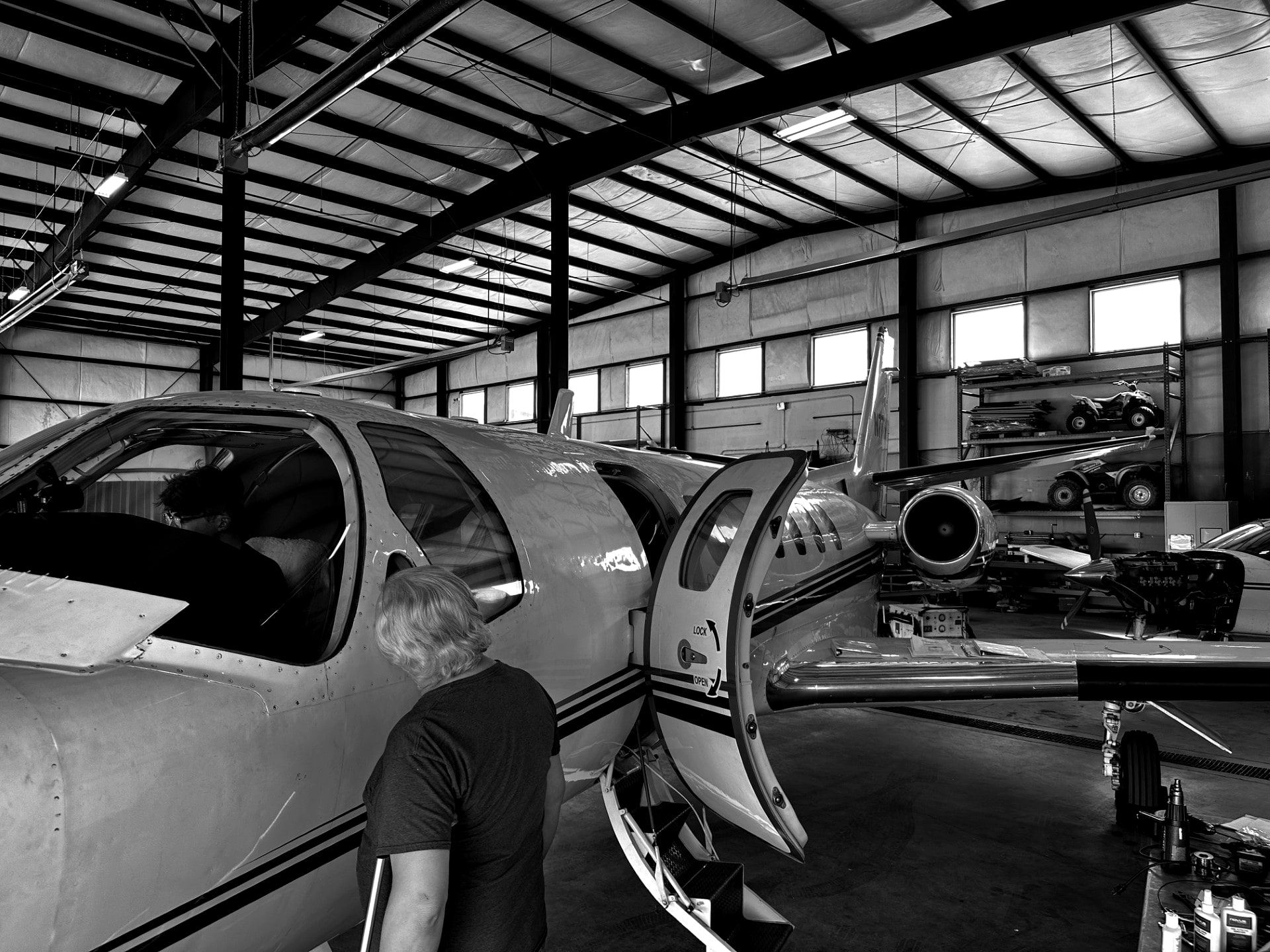 Citation jet with its airstair open inside the Fourth Front hangar at Colorado Springs